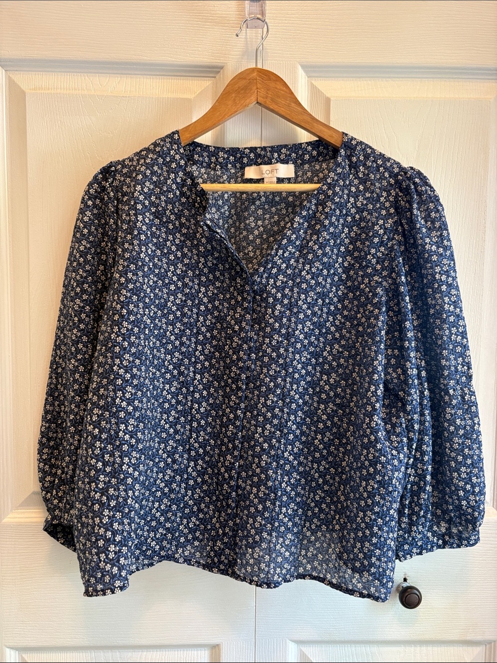 LOFT Navy Blue Floral Peasant Blouse